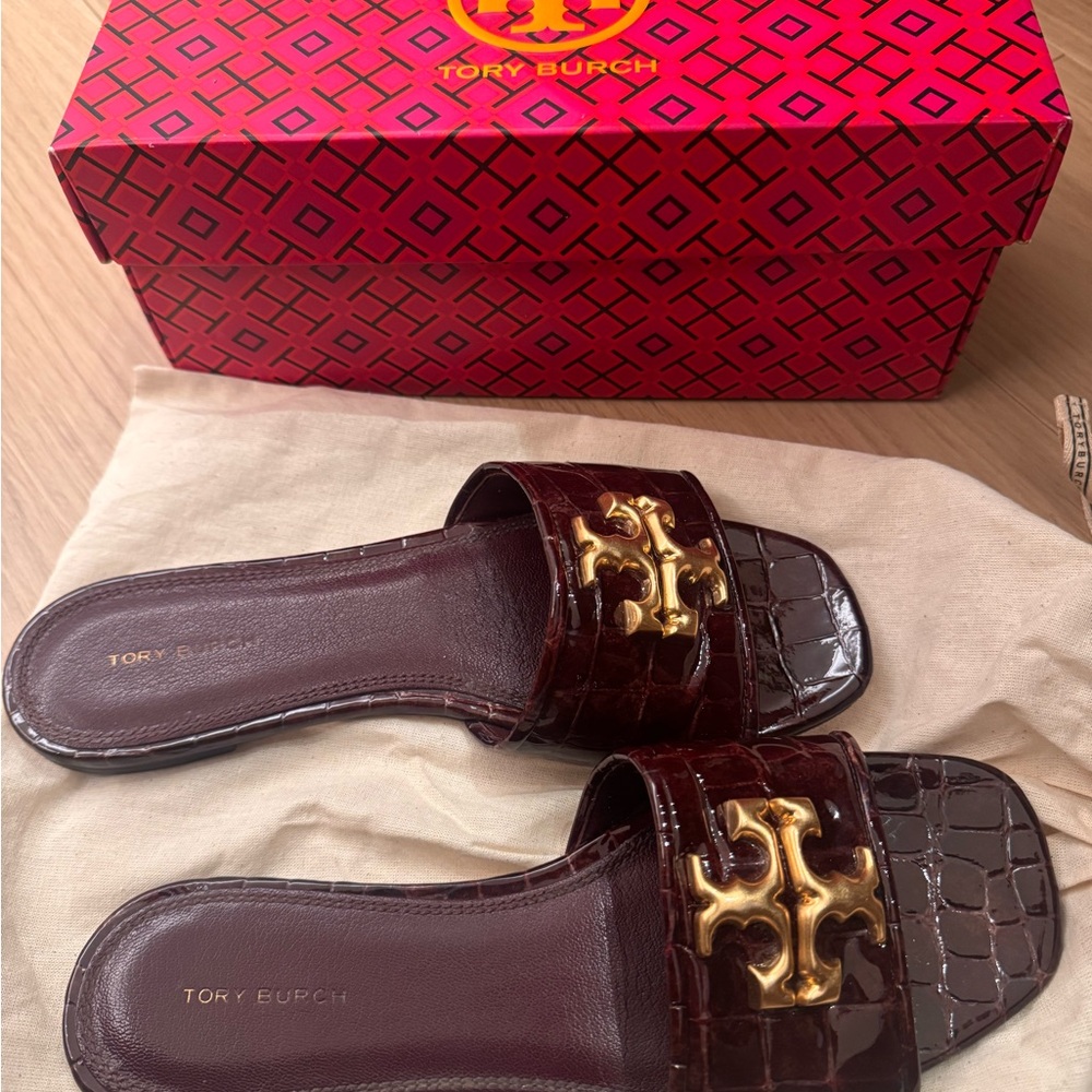 Tory Burch Dark Brown Sandals with Gold Emblem